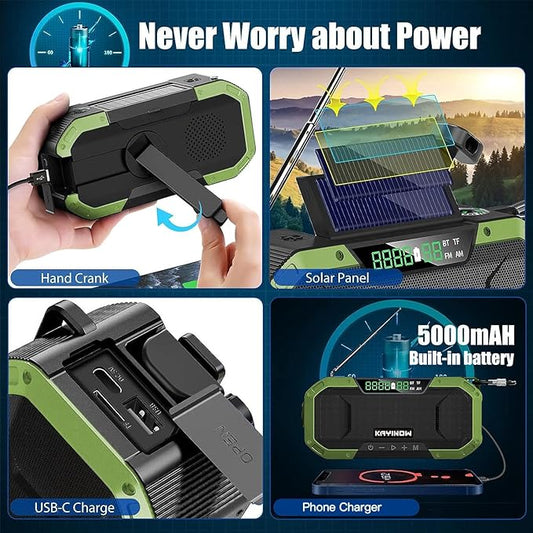 Hand Crank Solar Power Emergency Radio with Waterproof Bluetooth Speaker,Portable AM FM NOAA Weather Radio,5000mAh Rechargeable Battery Operated,Phone Charger,Flashlight,SOS,Survival Storm Camping