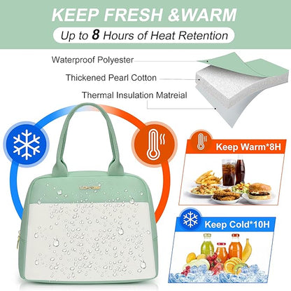 LOKASS Lunch Bag for Women-Insulated Adults Lunch Box with Front Pocket- Small Cute Lunch Tote for Work-Reusable Cooler Bag for Office Picnic Beach or Travel (Light Green)