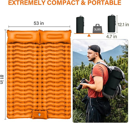 Double Camping Sleeping Pad, Self-Inflating 4" Ultra-Thick Foot-Press Design – Lightweight 2-Person Outdoor Mat with Pillow for Camping, Hiking, Backpacking, Travel – Orange