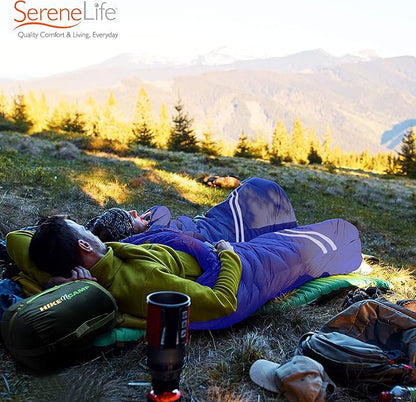 SereneLife Double Sleeping Bag with Pillows, Waterproof & Detachable for 2 Single Bags, Lightweight & Warm, Perfect for Camping, Hiking, Backpacking, and Cold Weather, Suitable for Temperatures 5-10°F