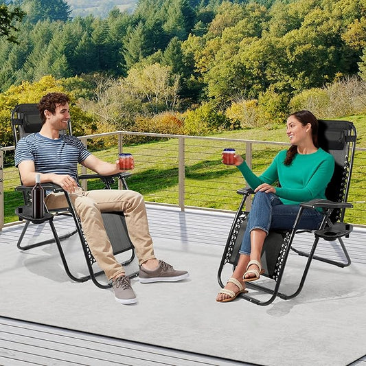 Zero Gravity Chair Set of 2 with Cup Holder & Removable Pillows, Adjustable Reclining Outdoor Patio Folding Chairs Portable Lounge Chair Furniture for Poolside, Lawn, Beach, Camping