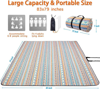 PY SUPER MODE Picnic Blankets Extra Large, Waterproof Foldable Outdoor Beach Blanket Oversized 83x79” Sandproof, 3-Layer Picnic Mat for Camping, Hiking, Travel, Park, Concerts(Orange Boho)