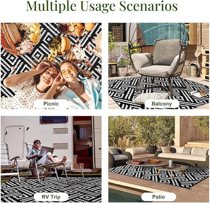 OPPODREAM Outdoor Rug 5x8 Ft, Waterproof Outdoor Plastic Straw Rug for Patio, Reversible Out Door Carpet for Camping, Deck, Rv, 5 x 8 Area Carpet for Balcony, Porch, Backyard, Black and White
