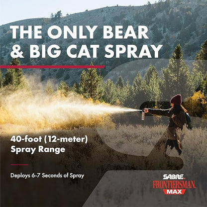 SABRE Frontiersman MAX Bear Spray – 40 ft Range, Maximum Strength, The Only EPA-Registered Spray for Bears & Mountain Lions, 7.9 oz, Glow Safety Clip, Outdoor Hiking & Camping Protection