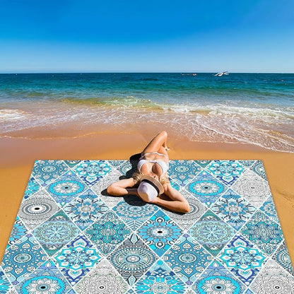 Teal Mandala Beach Blanket Waterproof Sandproof, Large Beach Mat Sand Free for 2-4 Adults, Lightweight Outdoor Picnic Blanket for Travel, Camping, Hiking, Essentials Accessories for Vacation