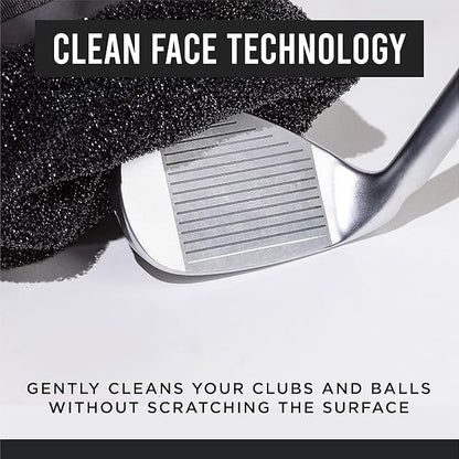 Golf Club and Golf Ball Cleaning Bag, Waterproof Clean Face Technology Liner, Detachable Clip, Machine Washable, Cleans Club Grooves, Dry Exterior