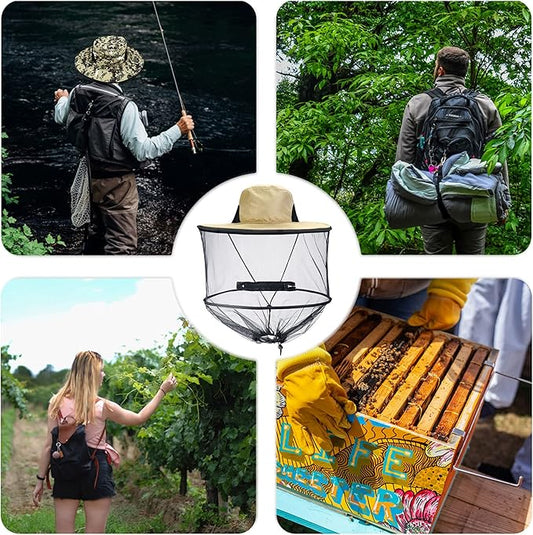 Head Net Hat with Removable Mesh Hidden Netting, Camouflage Design with Zipper Net for Outdoor Fishing Gardening Hiking Face Cover (Beige)