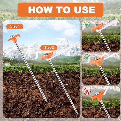 Aodaer 24 Pack Tent Stakes Heavy Duty Tent Pegs 10.25 Inch Non-Rust Metal Yard Stakes with 4x10ft Ropes and Storage Bag Inflatable Stakes for Gardening & Canopies, Camping Halloween Christmas, Orange