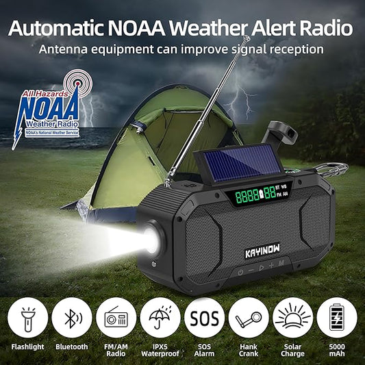 Solar Hand Crank Emergency Radio with Waterproof Bluetooth Speaker,Portable AM FM NOAA Weather Radio, Rechargeable 5000mAh Battery Power, Wind Up Flashlight Phone Charger, SOS,Survival Storm Hurricane