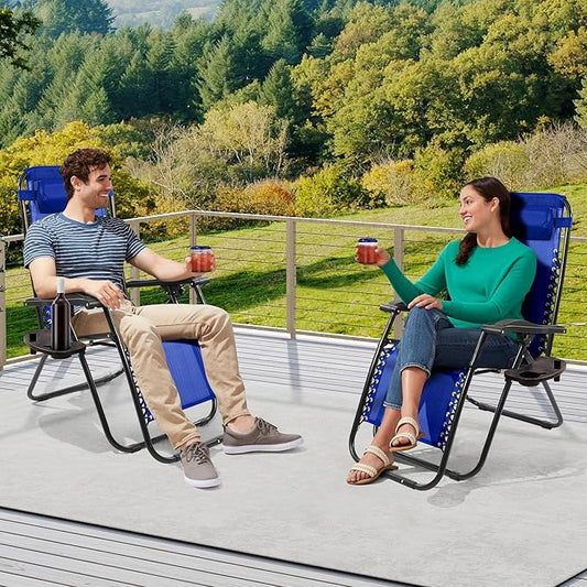 Zero Gravity Chair Set of 2 with Cup Holder & Removable Pillows, Adjustable Reclining Outdoor Patio Folding Chairs Portable Lounge Chair Furniture for Poolside, Lawn, Beach, Camping