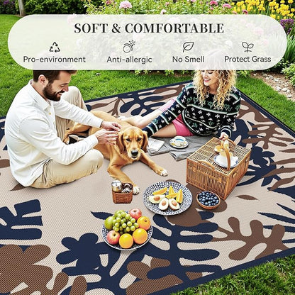 MontVoo Outdoor Rug Waterproof 8x10 ft RV Outdoor Rug for Camping Picnic Mat Outdoor Patio Rug Carpet Plastic Straw Reversible Floral Navy Orange