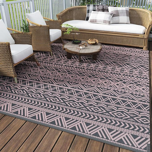 MontVoo Outdoor Rug Carpet Waterproof 6x9 Outdoor Patio Rug Mat Reverisble Plastic Straw Outdoor Rug for RV Camping Picnic Beach Balcony Boho Pink Grey