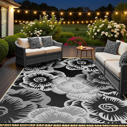 MontVoo Outdoor Rug with Led String Strip Lights 8x10ft Waterproof Outdoor Patio Rug Mat Reversible Plastic Straw Rug Outside Outdoor Rug for RV Camping Picnic Balcony Backyard Fairy Outdoor Decor