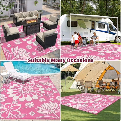 Ileading Outdoor Plastic Straw Rug 8x10ft Funny Floral Style Reversible Patio Area Rugs Waterproof Non Shedding Portable Carpets for Rv Outside Deck Pool Beach Picnic Camping (Pink)
