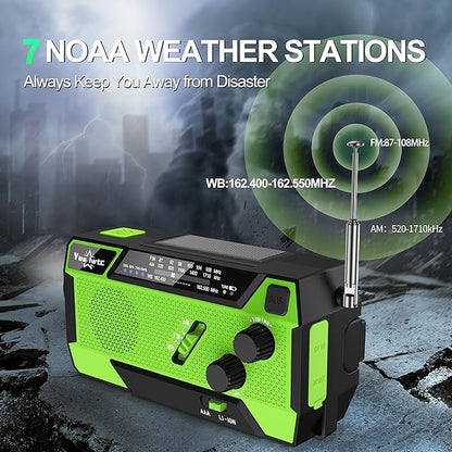 7400mWh NOAA Emergency Weather Radio with 3 in 1 Charging Cable - Solar Hand Crank Alert Radio - 3 Power Supply Methods - SOS Alarm, Flashlight for Hurricane Emergencies