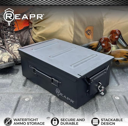 Reapr Steel Ammo Can, Heavy Duty Locking Metal Ammo Storage Box, Airtight and Watertight 30 Cal or 50 Cal Case for Rifle, Shotgun, Pistol, Military Footlocker Style Tool and Gear Organizer