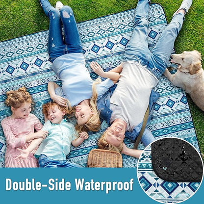 PY SUPER MODE Picnic Blankets Extra Large, Waterproof Foldable Outdoor Beach Blanket Oversized 83x79” Sandproof, 3-Layer Picnic Mat for Camping, Hiking, Travel, Park, Concerts(Teal Boho)