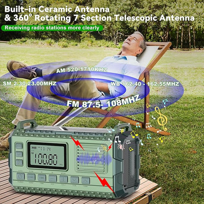 Emergency Weather Radio - AM/FM/NOAA Hand Crank Radio with 15W Fast Charge, 39800mAh Portable Solar Power Bank, Multi-Function Flashlight & SOS Alarm for Outdoor Indoor Emergencies (Green)