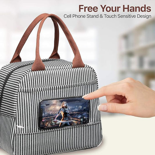 Bagseri Insulated Lunch Bag Women - Lunch Bag for Women Men Reusable Lunch Box Leakproof Thermal Cooler Sack Food Handbags Case High Capacity for Work and Picnic (Black White Stripe)