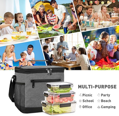 Tirrinia Large Insulated Lunch Box for Men/Women, Leakproof Thermal Lunch Bag for Office Picnic Work Beach Camping,Reusable Lunch Cooler Tote for Adult, Dark Grey
