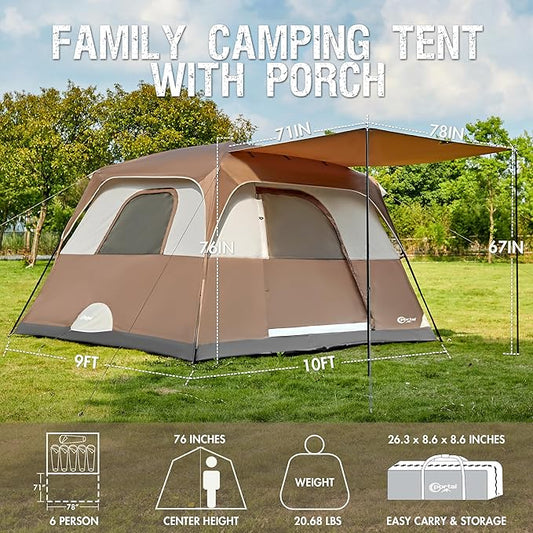 PORTAL 6 | 8 | 10 Person Family Camping Tent with Porch, Big Family Camping Tent with Tall Height, Good Ventilation, Water Resitant Large Tent for Outdoor Camping, Backyard