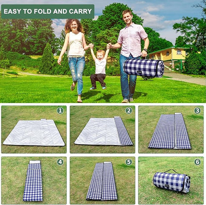 80''x100'' Extra Large Picnic Beach Blankets Waterproof Sandproof Foldable, Machine Washable Simple Stylish Gingham Outdoor Blankets Grass Lawn Park for Family Camping Party