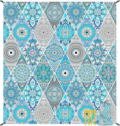 Teal Mandala Beach Blanket Waterproof Sandproof, Large Beach Mat Sand Free for 2-4 Adults, Lightweight Outdoor Picnic Blanket for Travel, Camping, Hiking, Essentials Accessories for Vacation
