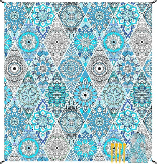 Teal Mandala Beach Blanket Waterproof Sandproof, Large Beach Mat Sand Free for 2-4 Adults, Lightweight Outdoor Picnic Blanket for Travel, Camping, Hiking, Essentials Accessories for Vacation