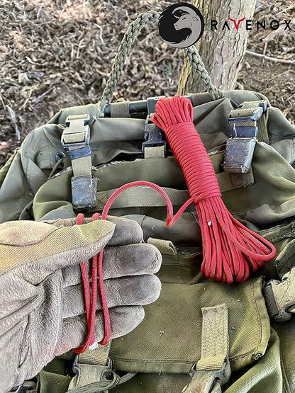 Ravenox Type III 550 Paracord | Genuine Military 550 Cord (Red)(50 Feet)| 7 Inner Strand, 100% Twisted Nylon Cordage | Parachute Cord Rope for Military, Survival, Outdoor Recreation | Made in USA