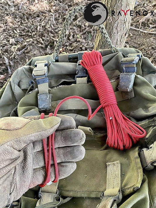 Ravenox Type III 550 Paracord | Genuine Military 550 Cord (Red)(50 Feet)| 7 Inner Strand, 100% Twisted Nylon Cordage | Parachute Cord Rope for Military, Survival, Outdoor Recreation | Made in USA