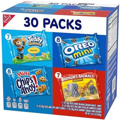 Nabisco Team Favorites Variety Pack, OREO Mini, CHIPS AHOY! Mini, Teddy Grahams Honey & Barnum's Animal Crackers, Christmas Cookies Stocking Stuffers, 30 Snack Packs (Pack of 4)