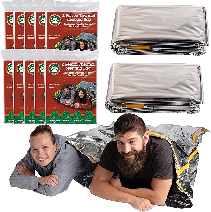 Emergency Thermal Mylar 2 Person Sleeping Bags -Ultra Compact for Camping, Survival, Disaster Bivouac Shelter- Pocket Sized, 7.25ft x 5.25ft - Retains 90% of Body Heat and Repels Wind & Water