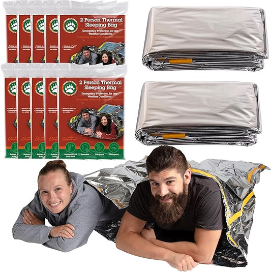 Emergency Thermal Mylar 2 Person Sleeping Bags -Ultra Compact for Camping, Survival, Disaster Bivouac Shelter- Pocket Sized, 7.25ft x 5.25ft - Retains 90% of Body Heat and Repels Wind & Water