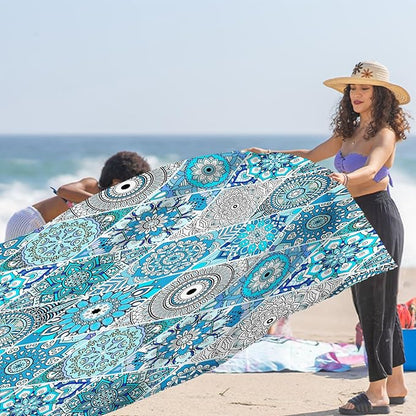 Teal Mandala Beach Blanket Waterproof Sandproof, Large Beach Mat Sand Free for 2-4 Adults, Lightweight Outdoor Picnic Blanket for Travel, Camping, Hiking, Essentials Accessories for Vacation