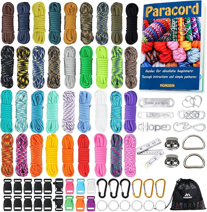 MONOBIN Paracord Combo Kit - 36 Colors, Multifunction Ropes & Accessories for Crafts
