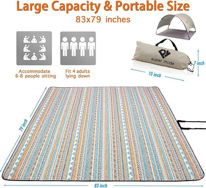 PY SUPER MODE Picnic Blankets Extra Large with Pergola, Orange Boho Waterproof Foldable Outdoor Beach Blanket Oversized 83x79” Sandproof, 3-Layer Picnic Mat for Camping, Hiking, Travel, Park