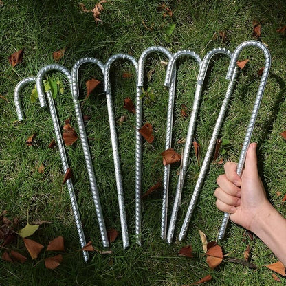 Rebar Stakes 16 inch, 3/8" Diameter Heavy Duty J Hook Stakes 8 Pack, Galvanized Anti-Rust Ground Anchor Long Tent Stakes for Dog Fence Trompoline Swing Set
