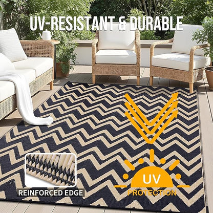 OLANLY Waterproof Outdoor Rug 6x9 ft Clearance, Reversible Outdoor Plastic Straw Rug, RV Mat, Indoor Outdoor Carpet for Patio, Camping, Balcony, Deck, Backyard, Black & Beige