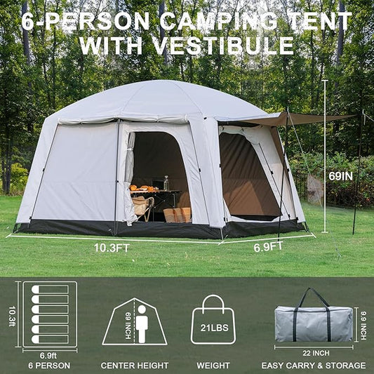 4-6 Person Camping Tent, Large Family Cabin Tents with Porch & Rainfly, Double Layer Waterproof Glamping Tent with 2 Rooms 2 Doors, Portable Big Tents for Outdoor Camping Hiking Party