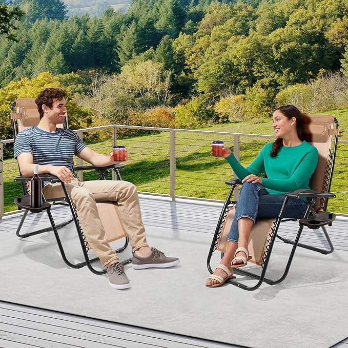 Zero Gravity Chair Set of 2 with Cup Holder & Removable Pillows, Adjustable Reclining Outdoor Patio Folding Chairs Portable Lounge Chair Furniture for Poolside, Lawn, Beach, Camping