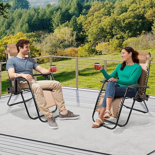 Zero Gravity Chair Set of 2 with Cup Holder & Removable Pillows, Adjustable Reclining Outdoor Patio Folding Chairs Portable Lounge Chair Furniture for Poolside, Lawn, Beach, Camping