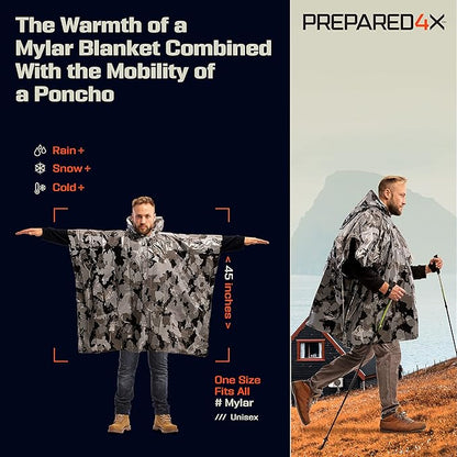 PREPARED4X Emergency Poncho and Mylar Blanket Liner - Waterproof, Wind-Resistant Outdoor Rain Poncho for Camping, Emergencies