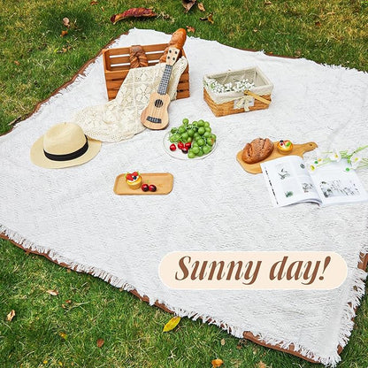 Waterproof Picnic Blankets Outdoor Blanket Foldable 2 in 1 Double Layer Sandproof Beach Mat with Carry Strap for Camping Lawn Park Beach Grass(White,71 x 71 Inches)