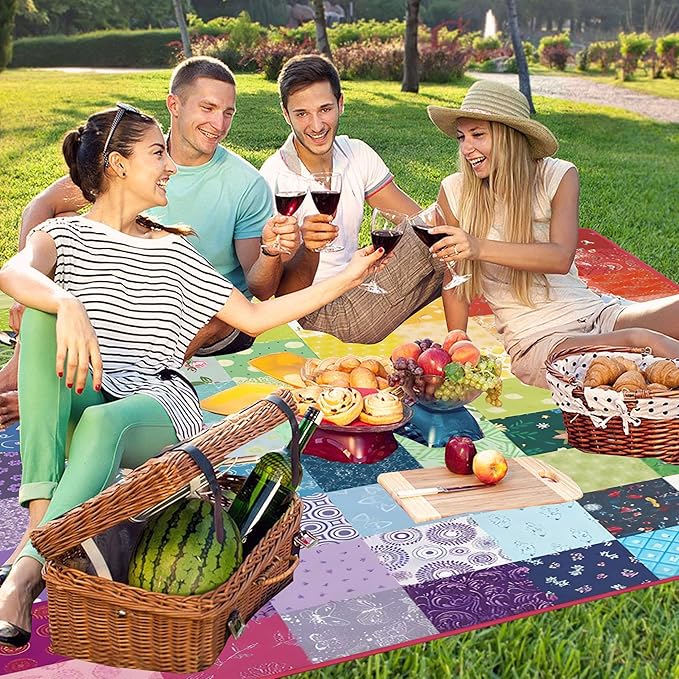 Extra Large Picnic Blankets Waterproof Foldable (60"x 80") Boho Beach Blanket Waterproof Sandproof,3-Layer Thicking Mat Outdoor Packable Camping Blanket