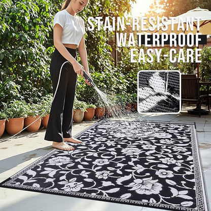 OLANLY Waterproof Outdoor Rug 6x9 ft, Outdoor Plastic Straw Rug with Flower Pattern, Reversible RV Mat for Patio, Camping, Balcony, Deck, Backyard, Black & White