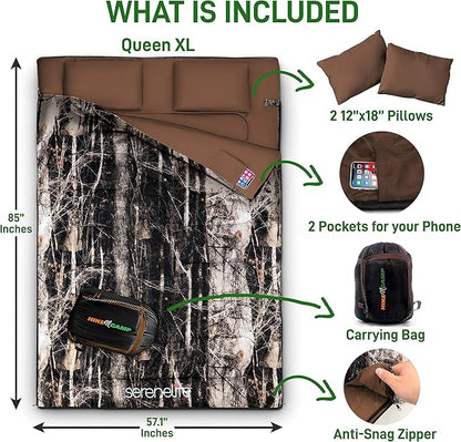 SereneLife Double Sleeping Bag with Pillows, Waterproof & Detachable for 2 Single Bags, Lightweight & Warm, Perfect for Camping, Hiking, Backpacking, and Cold Weather, Suitable for Temperatures 5-10°F