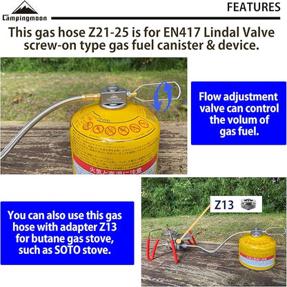 camping moon CAMPINGMOON 9.8-inch Multi-Function Gas Hose for EN417 Lindal Valve Screw-on Type Canister and Device Z21-25