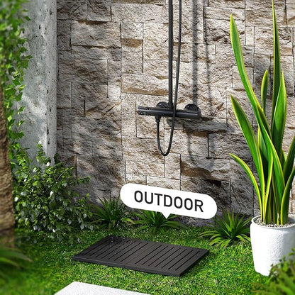 Waterproof Bamboo Bath Mat for Shower, Foldable | Non-Slip | Heavy Duty, Wooden Bath Mat, Floor Mat and Doormat for Indoor Outdoor (Black, 23.4 x 15.6IN)