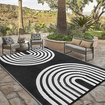 Anidaroel Outdoor Area Rug for Patio Clearance 8x10ft Waterproof, Reversible Plastic Straw Rug Outside Rug, RV Mat for Camping, Porch, Balcony, Pool Deck(Black&White, 8‘x10')