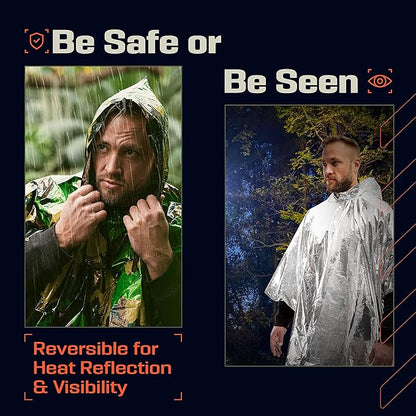 PREPARED4X Emergency Poncho and Mylar Blanket Liner - Waterproof, Wind-Resistant Outdoor Rain Poncho for Camping, Emergencies